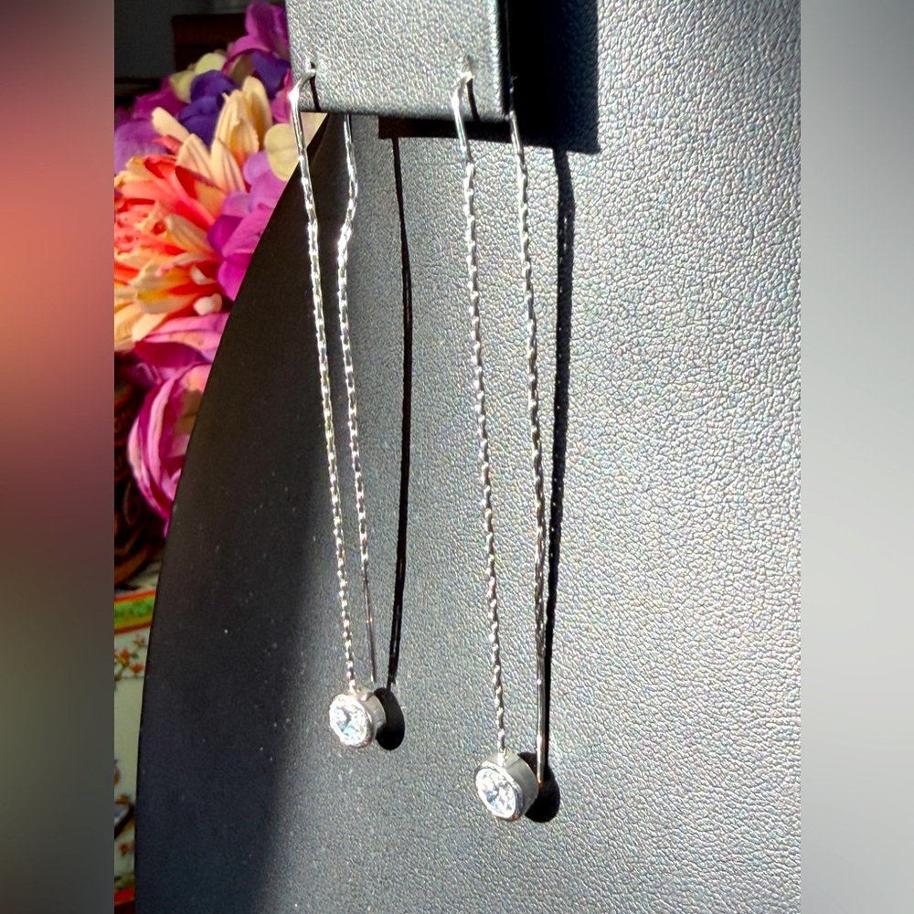 Silver Tone CZ Bezel Chain Threader Earrings Long Drop Cubic Zirconia Minimalist